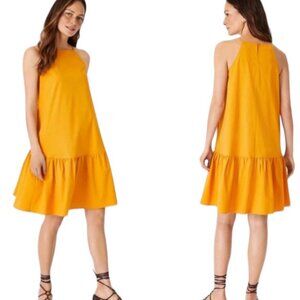 Ann Taylor Square Neck Flounce Shift Dress Mustard Yellow Dress Sz M